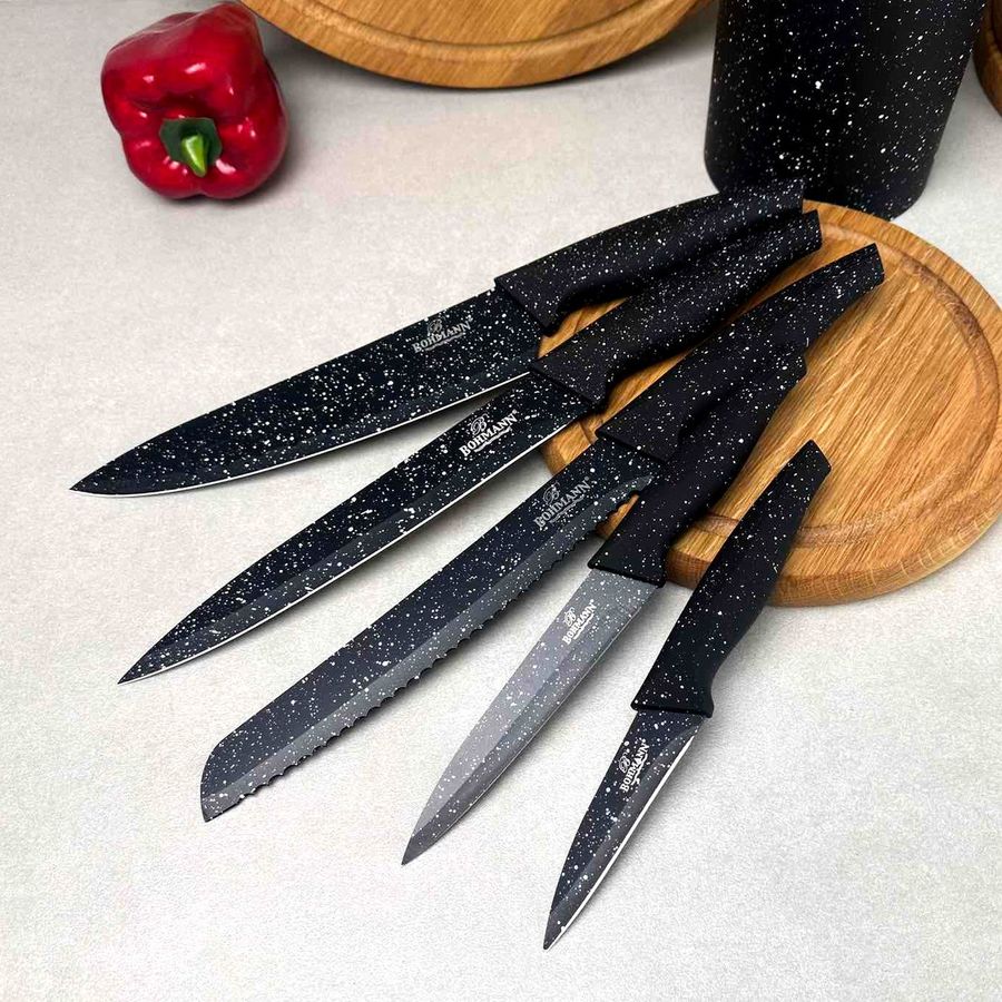 Набор чёрных гранитных ножей 6 предметов в браш-подставке Bohmann Bohmann