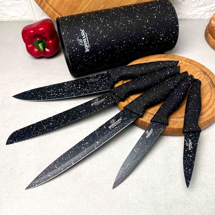 Набір чорних гранітних ножів 6 предметів у браш-підставці Bohmann Bohmann