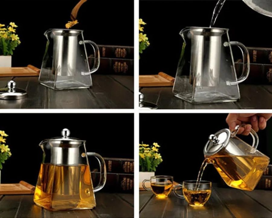 Квадратний скляний чайник для заварювання чаю 950 мл з ситечком Hell