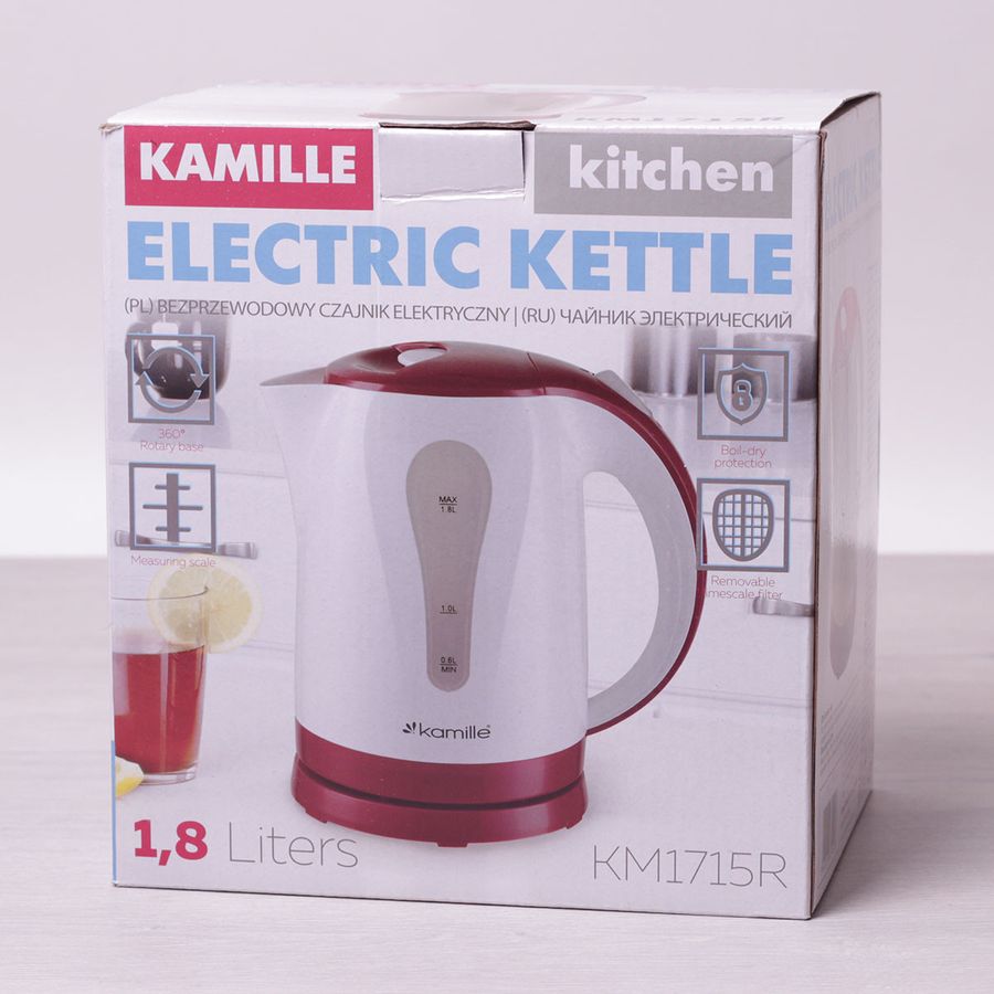 Чайник электрический 1.8 л пластиковый (белый с красным) Kamille