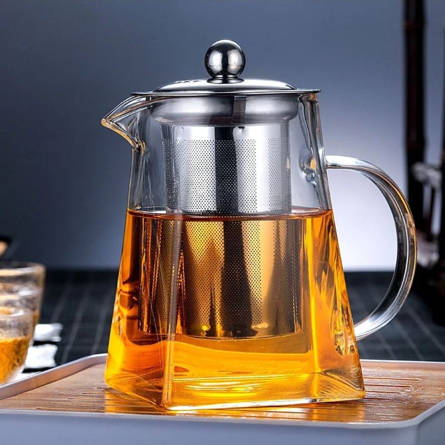 Квадратний скляний чайник для заварювання чаю 950 мл з ситечком Hell