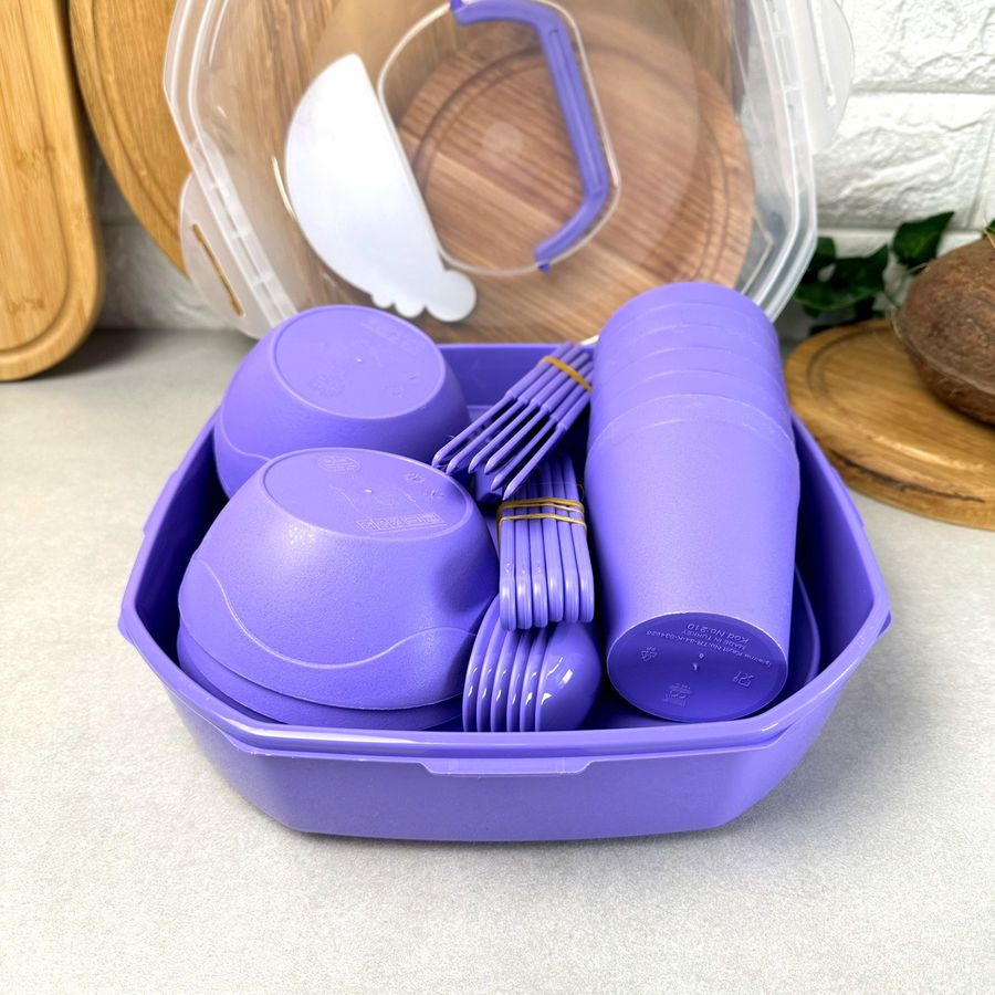 Большой набор пластиковой посуды для пикника на 6 персон 38 предмета Фиолетовый Plastar Pak