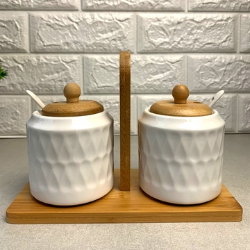 Набор белых банок с крышками на бамбуковой подставке 5 предметов Bona Bona
