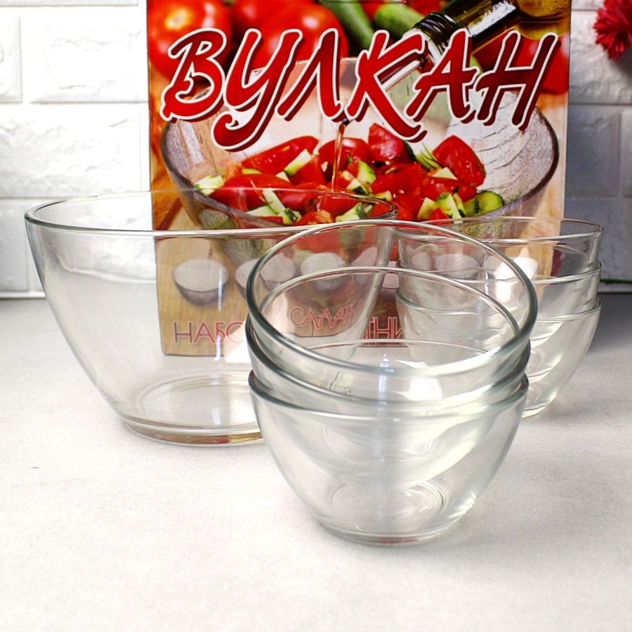 Набор гладких стеклянных салатников 7 предметов "Вулкан" 1+6шт (8328) #N/A