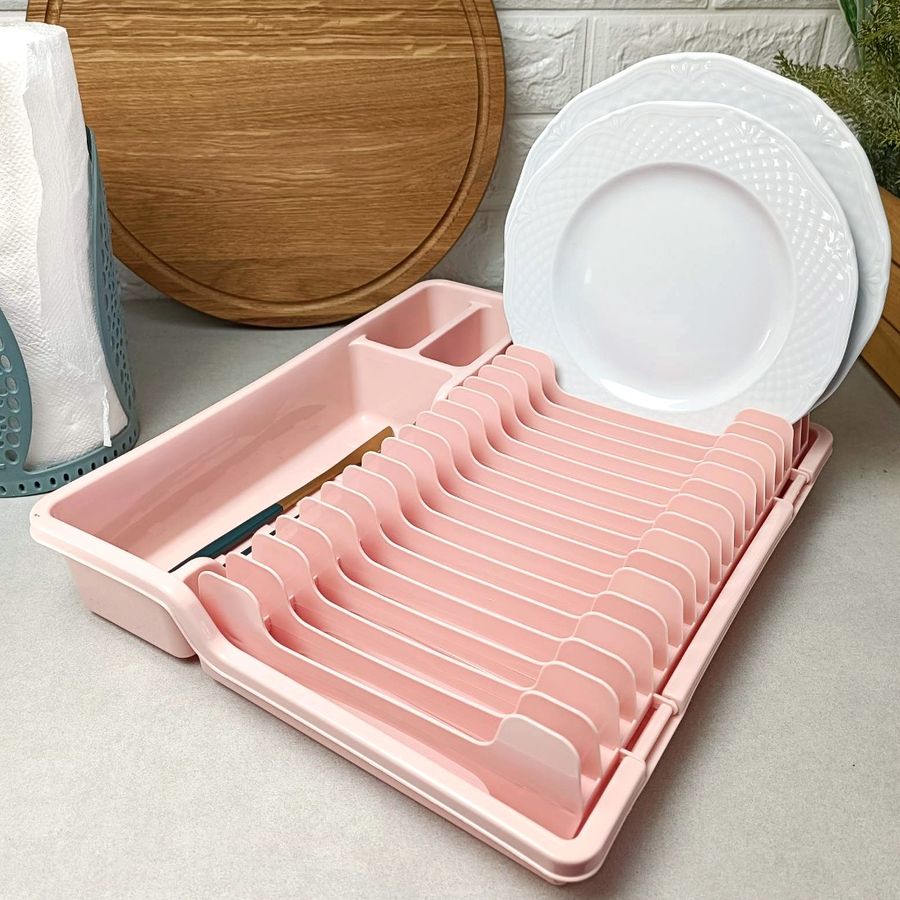 Пластиковая раздвижная сушилка для посуды с лотком для сушки столовых приборов Dunya Plastic