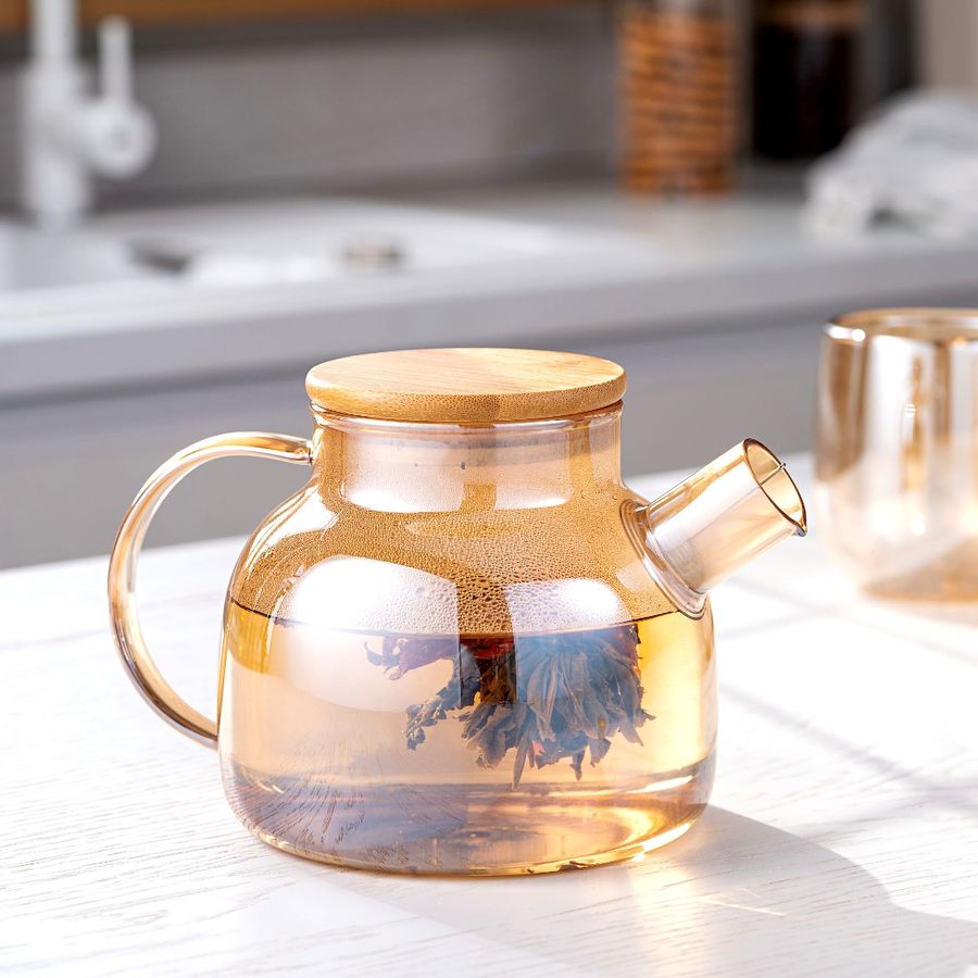 Скляний чайник для заварювання Золотий перламутр з дерев'яною кришкою 1 л Ardesto Ardesto