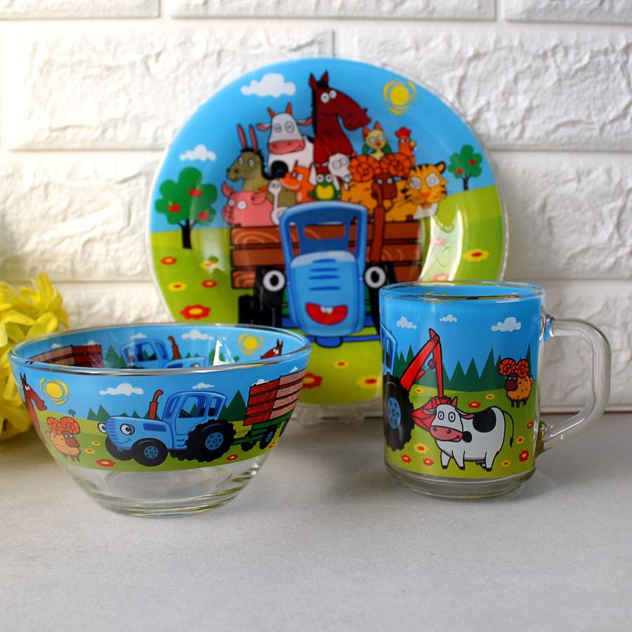 Подарочный набор посуды для мальчиков 3 пр Синий Трактор, детская посуда Hell
