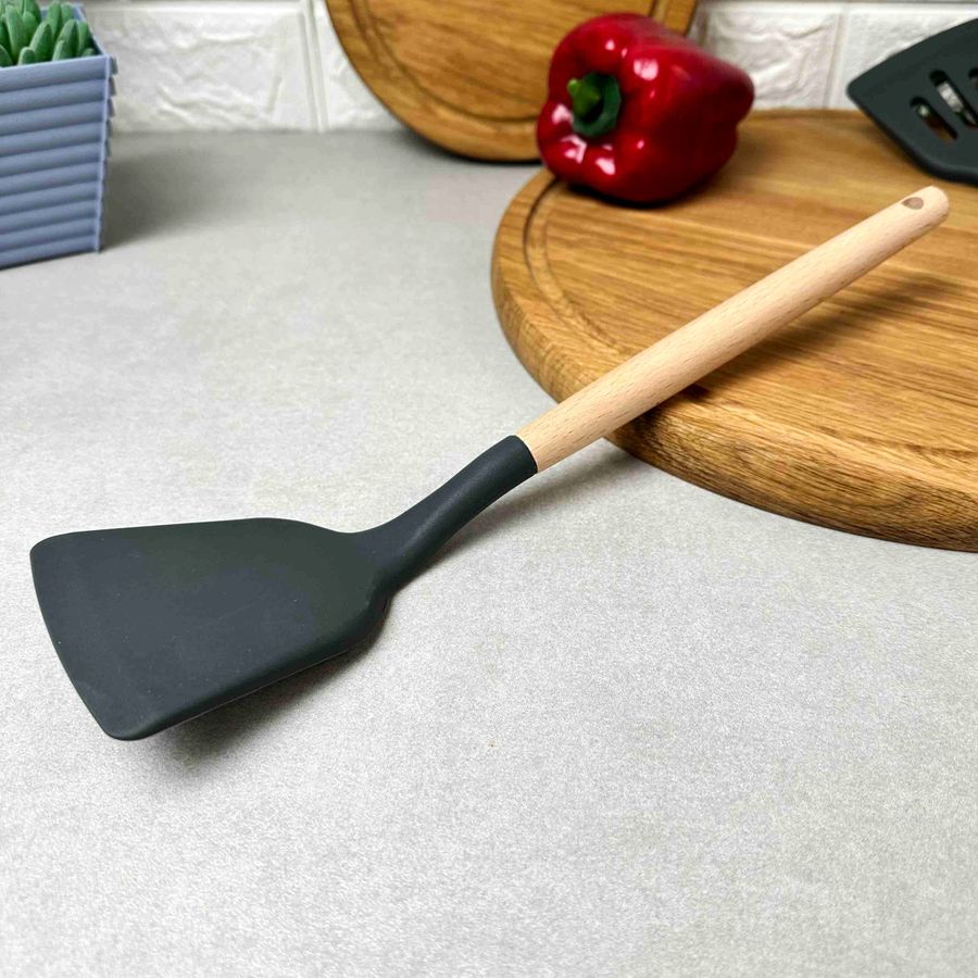Широка силіконова лопатка для кухні з дерев'яною ручкою Сіра Hell