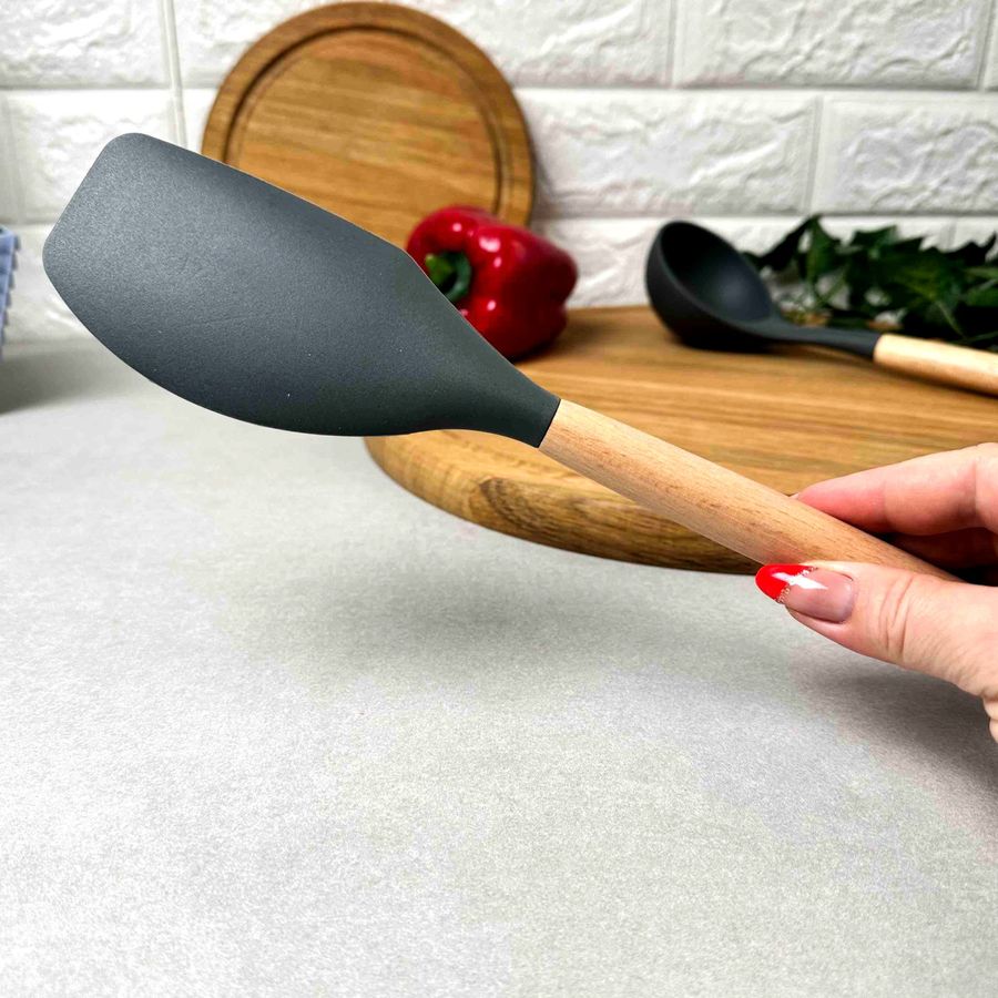 Силиконовая кухонная лопатка с деревянной ручкой 32*6,4 см Серая Hell