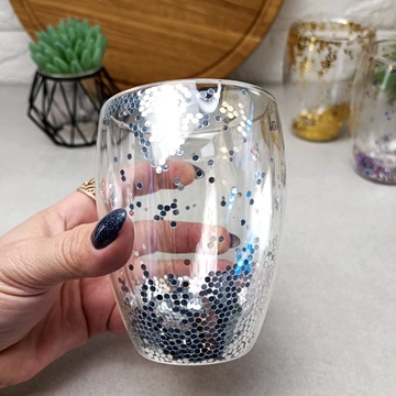Скляна склянка з подвійними стінками із сріблястими блискітками 350 мл Hell