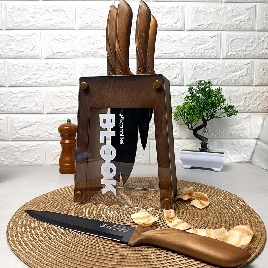 Набір кухонних ножів 6 предметів із нержавіючої сталі на підставці Kamille