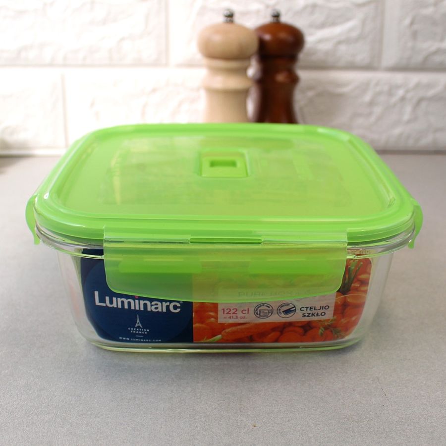 Скляний Контейнер з салатовою кришкою Luminarc Pure Box" 17.5*17,5*7 см 1220 мл (P4574) Luminarc