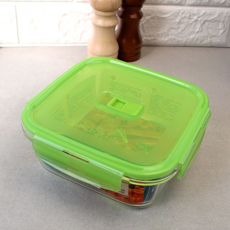 Скляний Контейнер з салатовою кришкою Luminarc Pure Box" 17.5*17,5*7 см 1220 мл (P4574) Luminarc