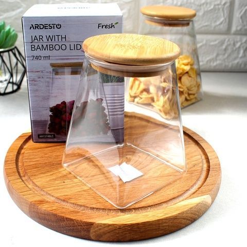 Квадратна скляна банка для зберігання з бамбуковою кришкою 740 мл Ardesto Fresh Ardesto