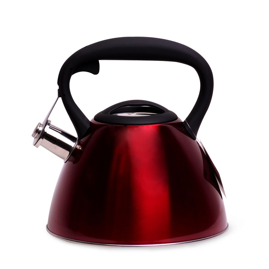 Чайник красный 3 л из нержавеющей стали со свистком и черной бакелитовой ручкой для индукции Kamille