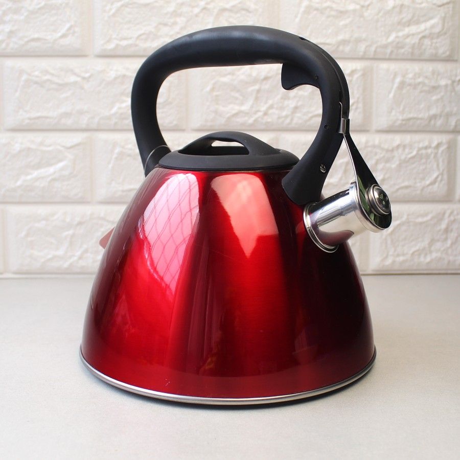 Чайник червоний 3 л з нержавіючої сталі зі свистком і чорною бакелітовою ручкою для індукції Kamille