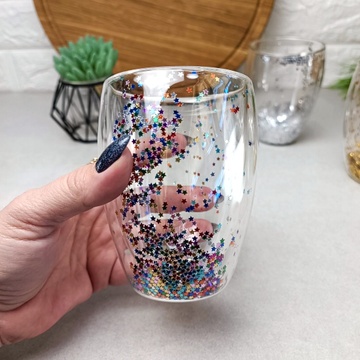Стеклянный стакан с двойными стенками с разноцветными звездочками 350 мл Hell