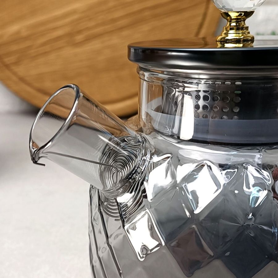 Высокий стеклянный чайник для плиты 1,5л Чёрный перламутр Topaz Crystal Hell