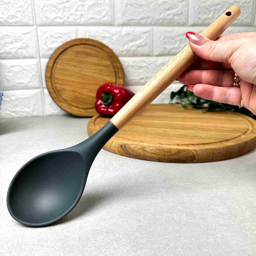 Кухонная силиконовая ложка с деревянной ручкой 32*7.2 см Серая Hell