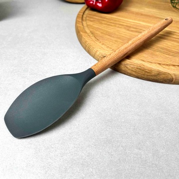 Глибока силіконова лопатка для кухні з дерев'яною ручкою Сіра Hell