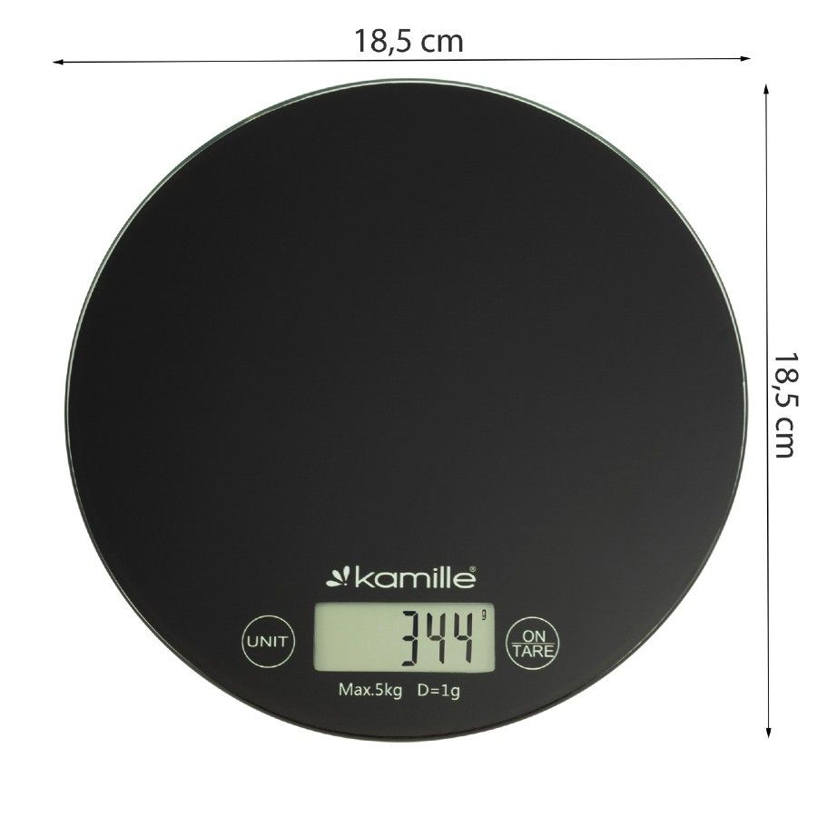 Чёрные кухонные весы круглые 18.5 см на 5 кг Kamille