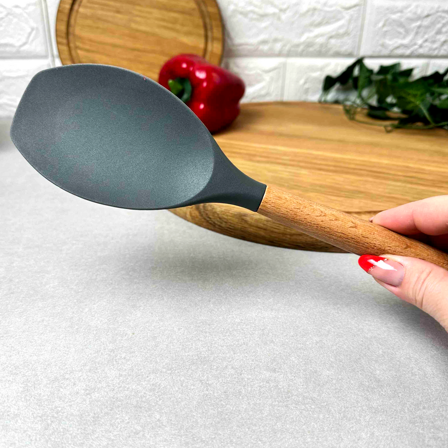 Глубокая силиконовая лопатка для кухни с деревянной ручкой Серая Hell