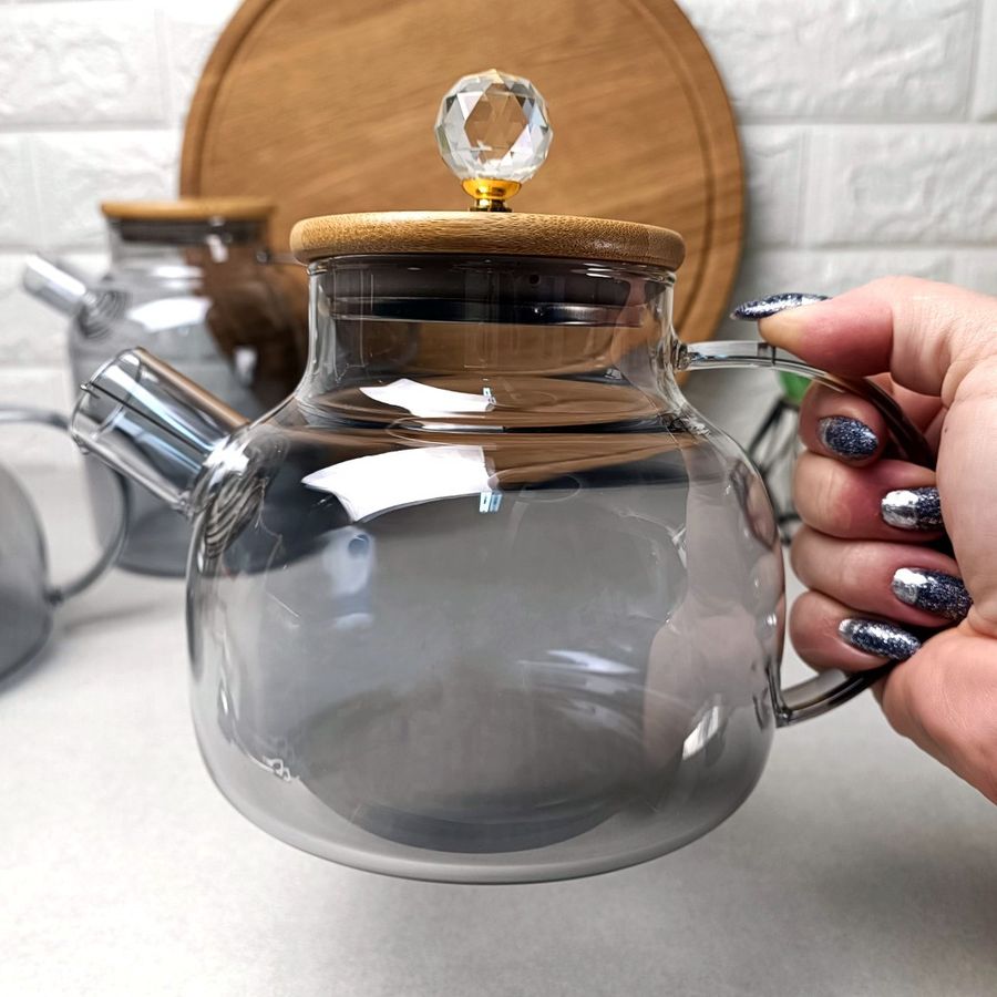 Термостойкий стеклянный чайник для плиты 1л Чёрный перламутр Smokey Crystal Hell