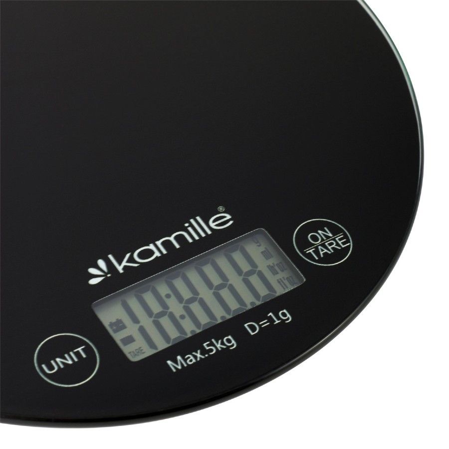 Чёрные кухонные весы круглые 18.5 см на 5 кг Kamille