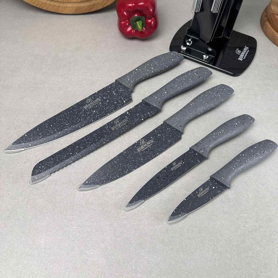 Набір сірих гранітних ножів 6 предметів на підставці Bohmann