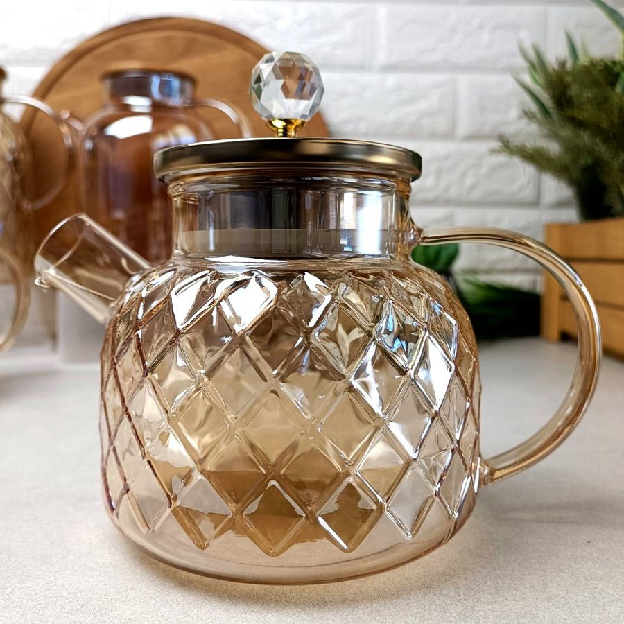 Термостойкий стеклянный чайник для плиты 1л Янтарный перламутр Amber Crystal Hell
