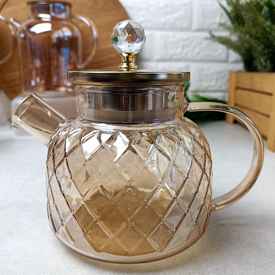Термостойкий стеклянный чайник для плиты 1л Янтарный перламутр Amber Crystal Hell