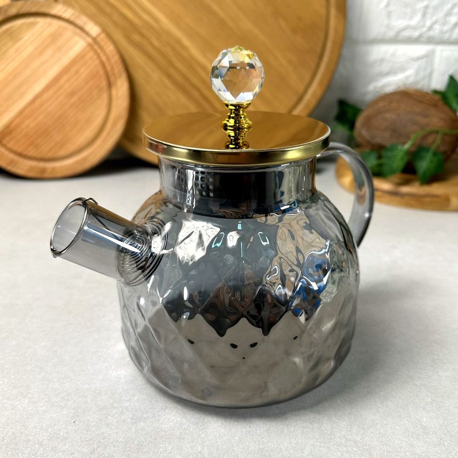 Стеклянный чайник для плиты 1 л Чёрный перламутр Topaz Crystal Gold Без бренда