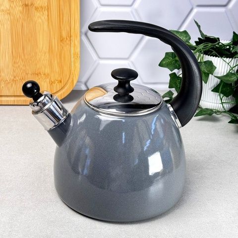 Чайник 2,5 л. эмалированный со свистком Kamille Серый высокий Kamille