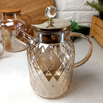 Високий скляний чайник для плити 1,5 л Бурштиновий перламутр Amber Crystal Hell