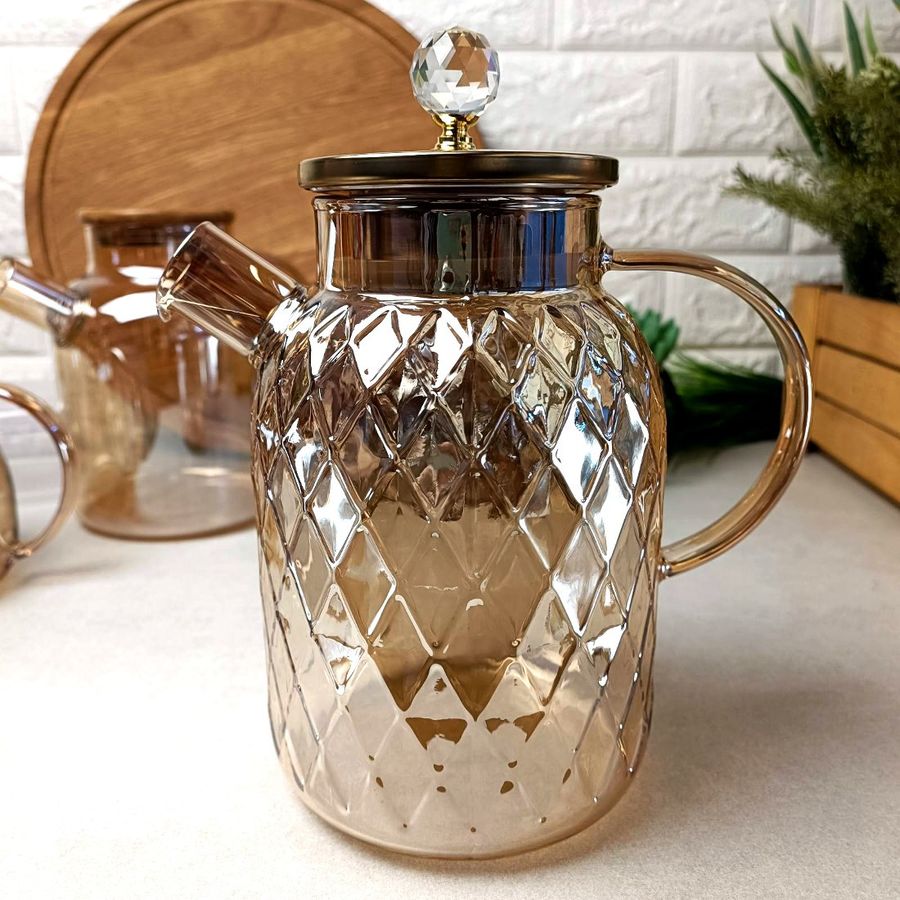 Высокий стеклянный чайник для плиты 1,5л Янтарный перламутр Amber Crystal Hell