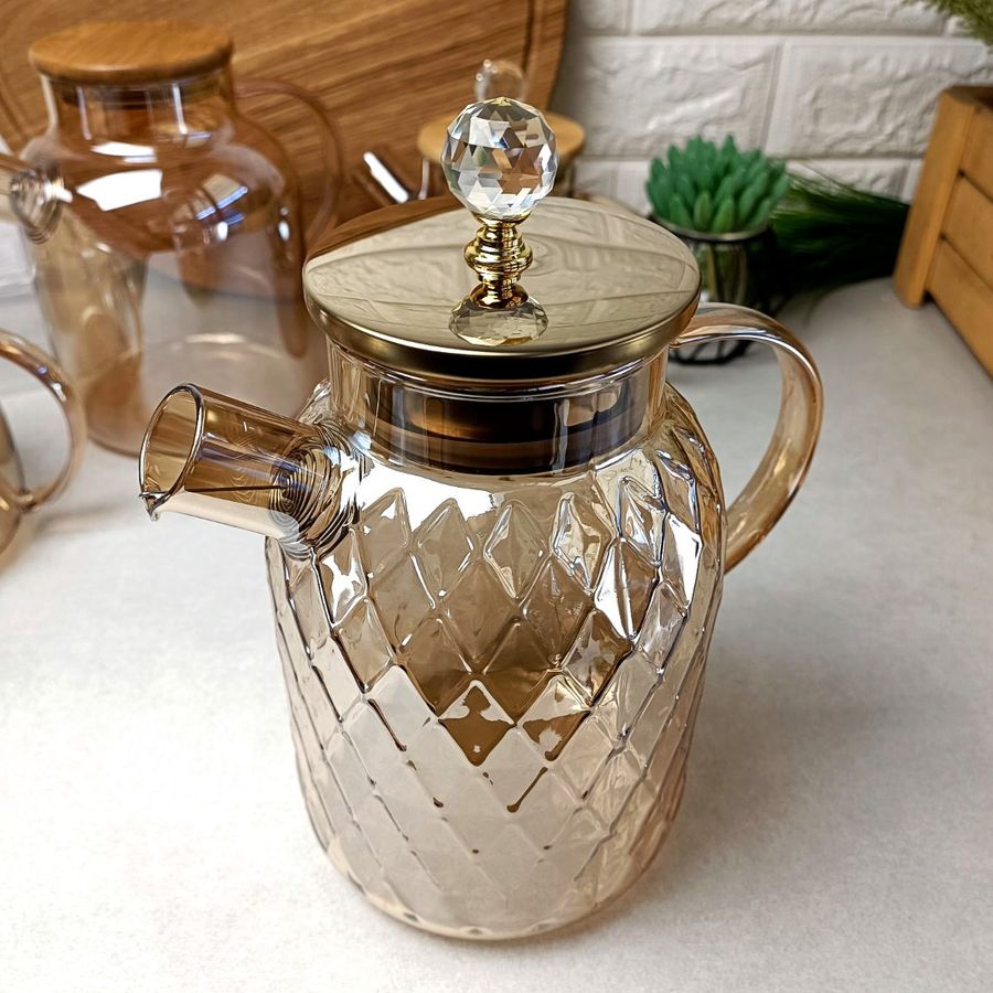 Високий скляний чайник для плити 1,5 л Бурштиновий перламутр Amber Crystal Hell