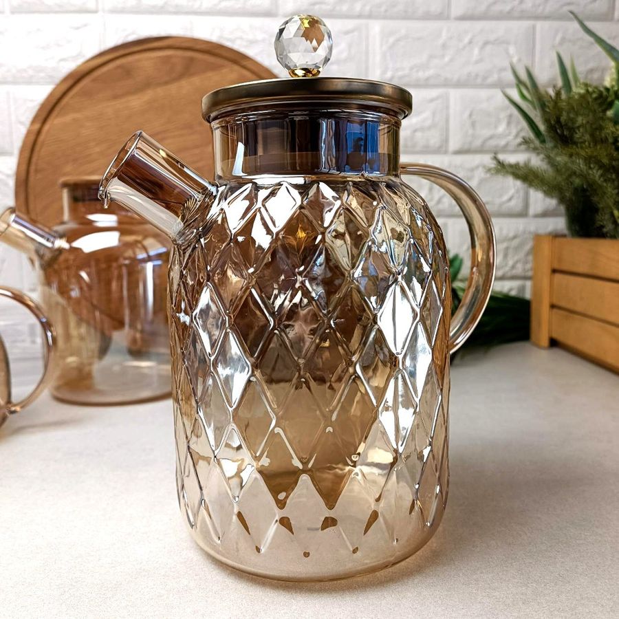 Высокий стеклянный чайник для плиты 1,5л Янтарный перламутр Amber Crystal Hell