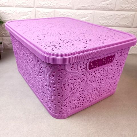 Большая ажурная розовая корзина для хранения с крышкой 10л Efe Plastik