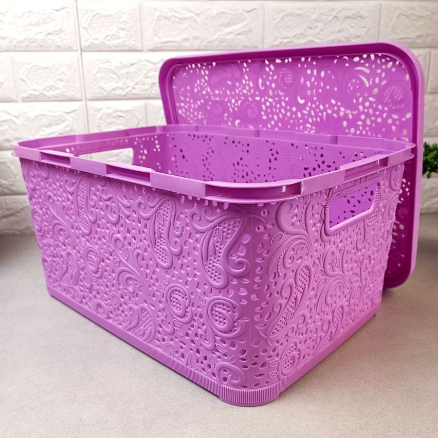 Великий ажурний рожевий кошик для зберігання з кришкою 10л Efe plastics