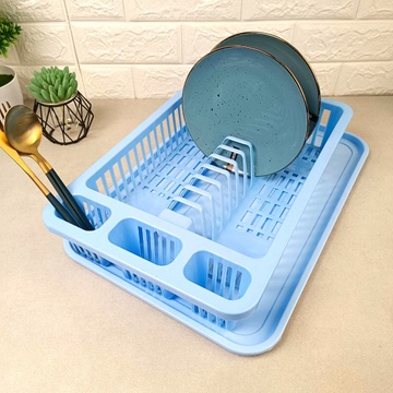 Блакитна пластикова сушарка для посуду з осередками для сушіння столових приладів та зливним піддоном Efe plastics