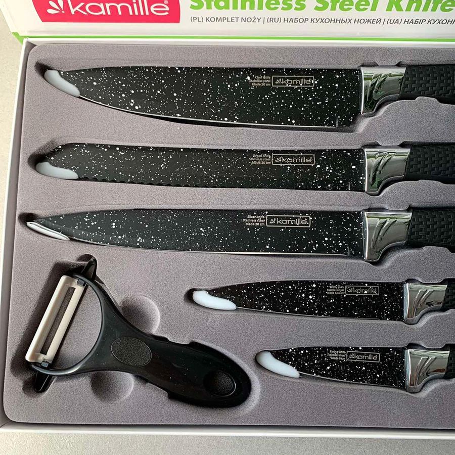 Набір кухонних ножів Kamille 6 предметів в подарунковій упаковці (5 ножів + овощечистка) Kamille