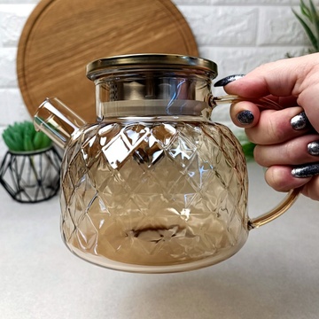 Заварювальний скляний чайник для плити 1л Бурштиновий перламутр Amber Crystal Hell