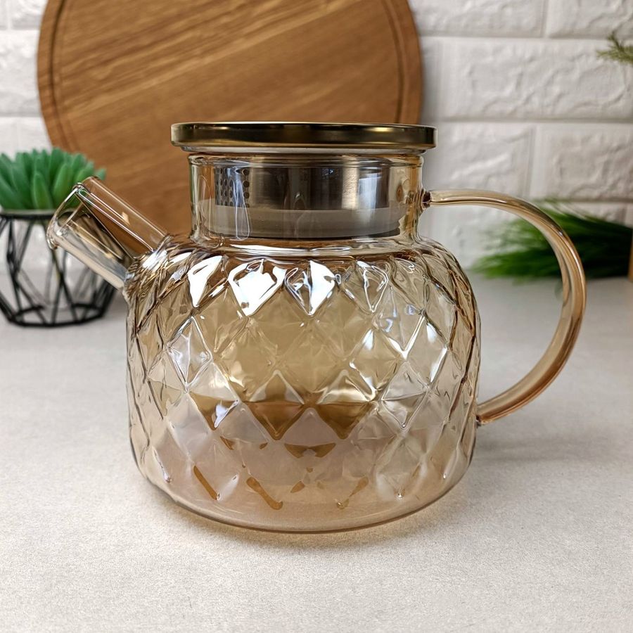 Заварочный стеклянный чайник для плиты 1л Янтарный перламутр Amber Crystal Hell