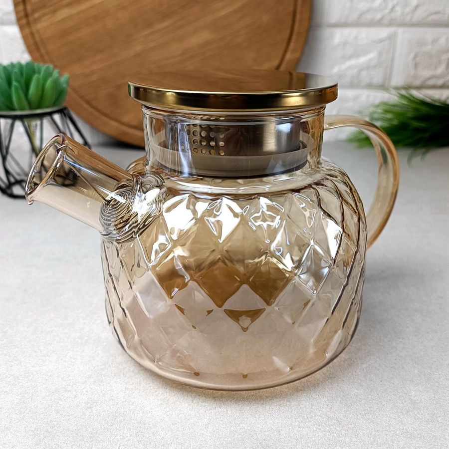 Заварочный стеклянный чайник для плиты 1л Янтарный перламутр Amber Crystal Hell