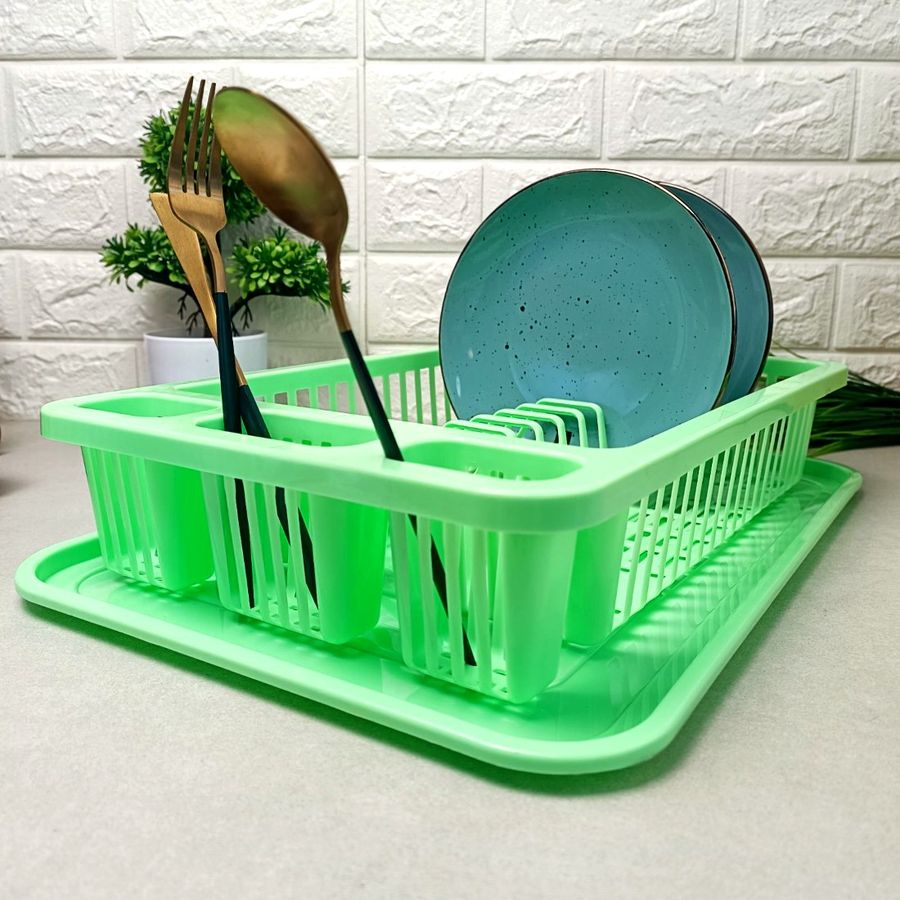 Салатовая пластиковая тарелосушка с ячейками для сушки столовых приборов и сливным поддоном Efe plastics