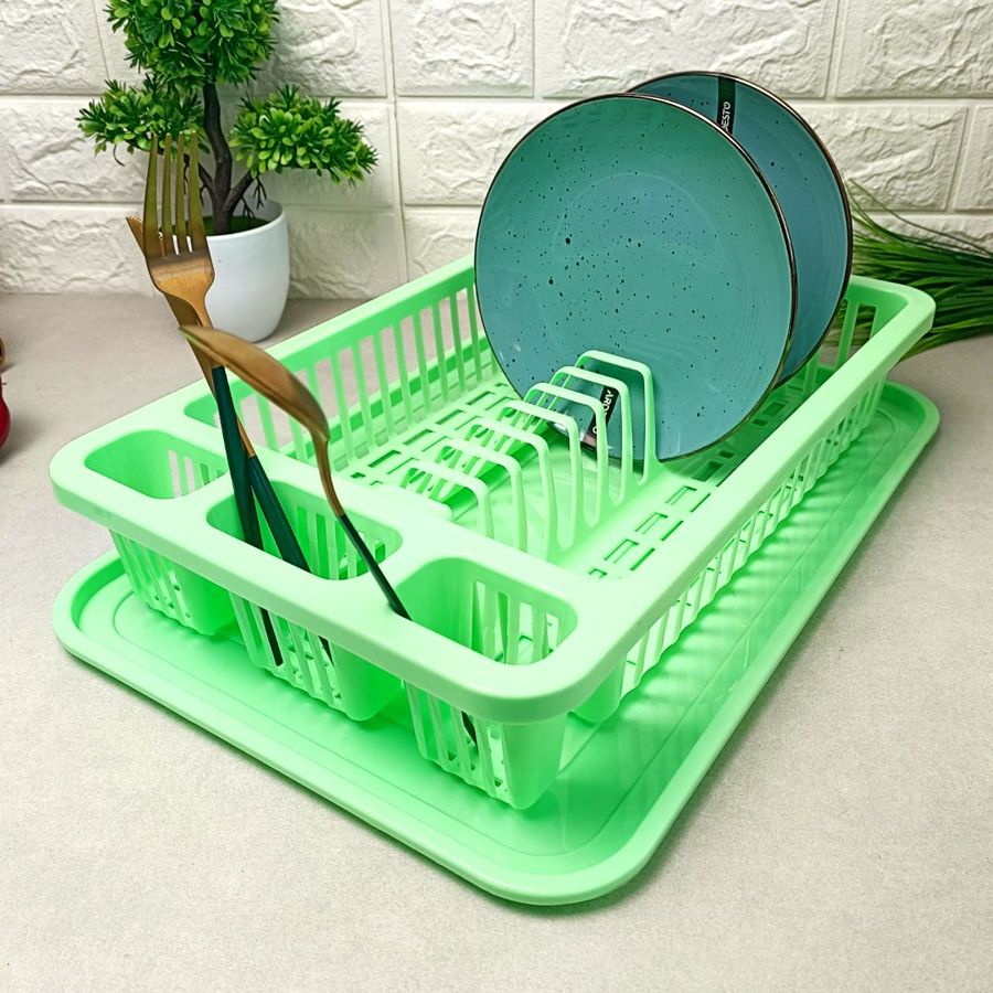 Салатовая пластиковая тарелосушка с ячейками для сушки столовых приборов и сливным поддоном Efe plastics
