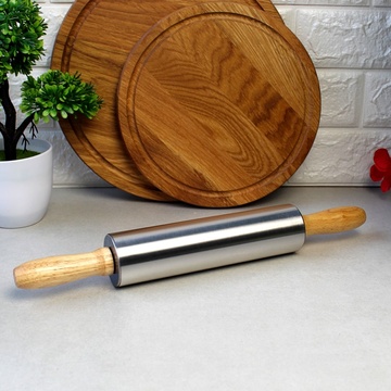Скалка Ø5*38 см с вращающимся валиком из нержавеющей стали и деревянными ручками Kamille