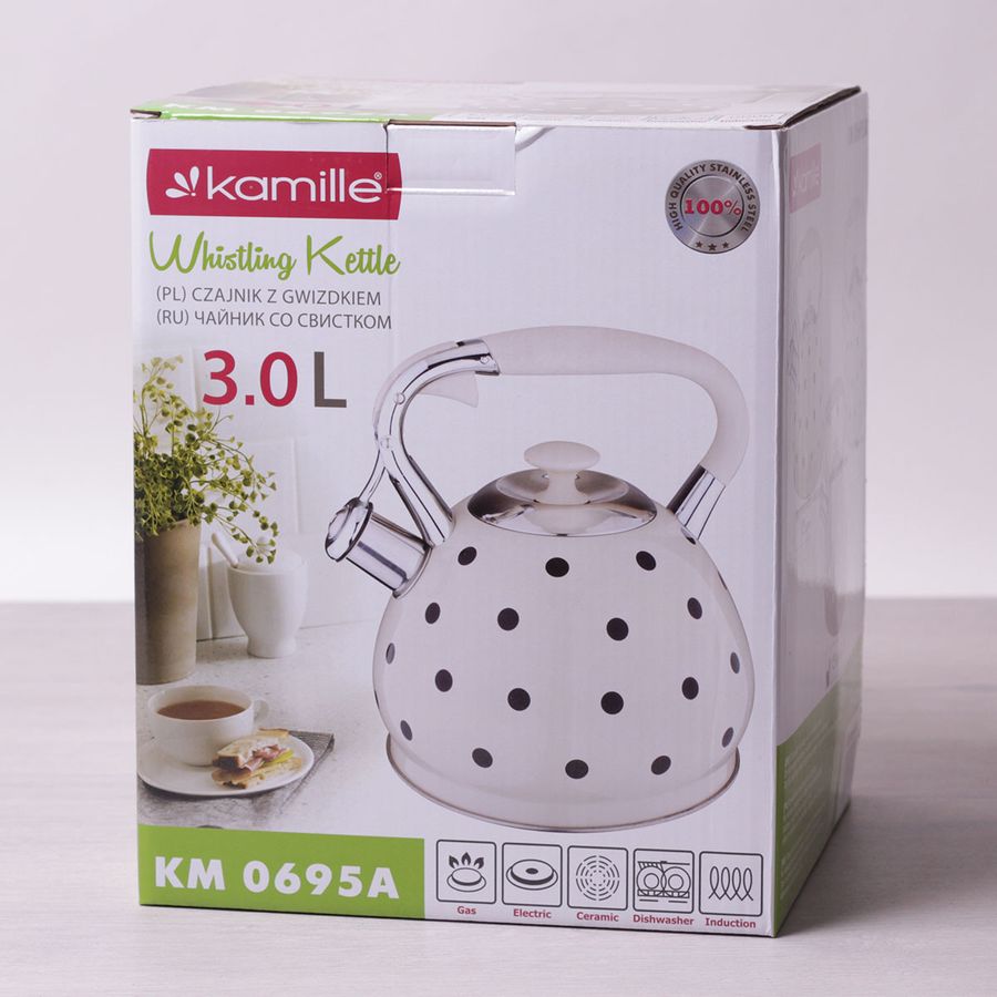 Чайник в горошок 3л з нержавіючої сталі зі свистком і ручкою з покриттям soft-touch" для індукції Kamille
