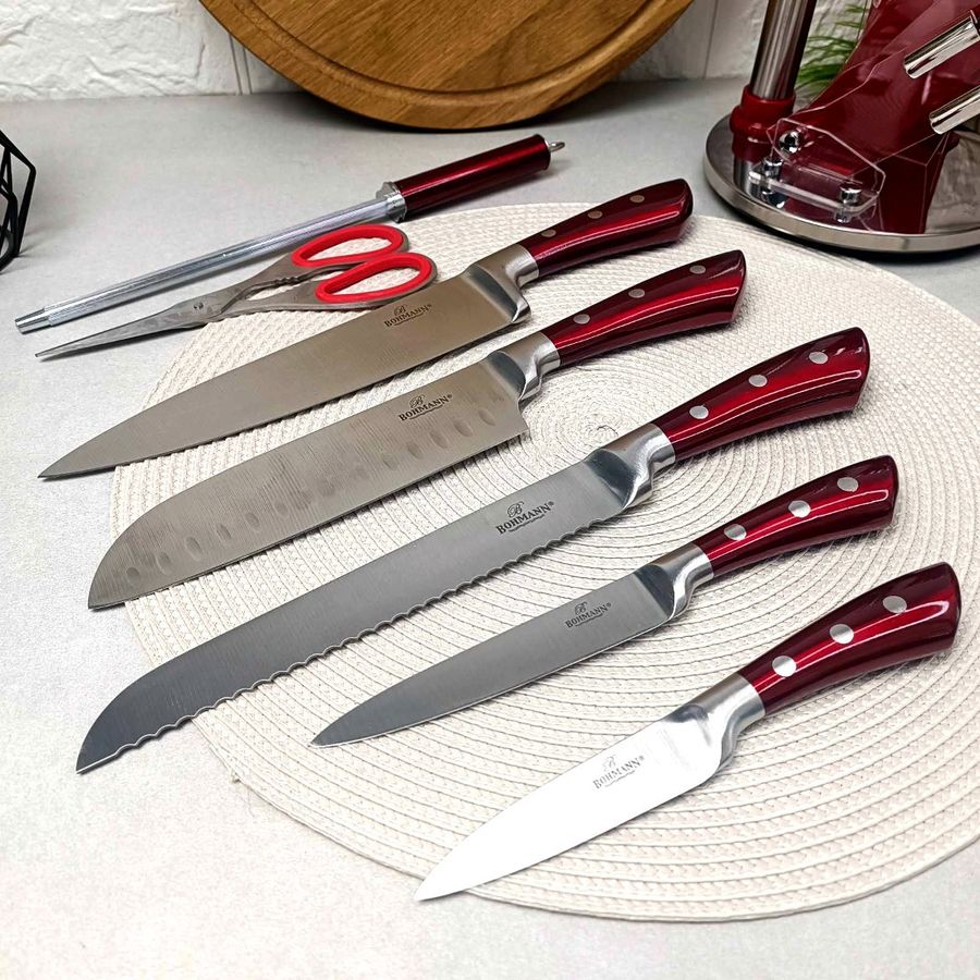 Набір червоних кухонних ножів з ножицями 8 предметів на підставці Bohmann Bohmann