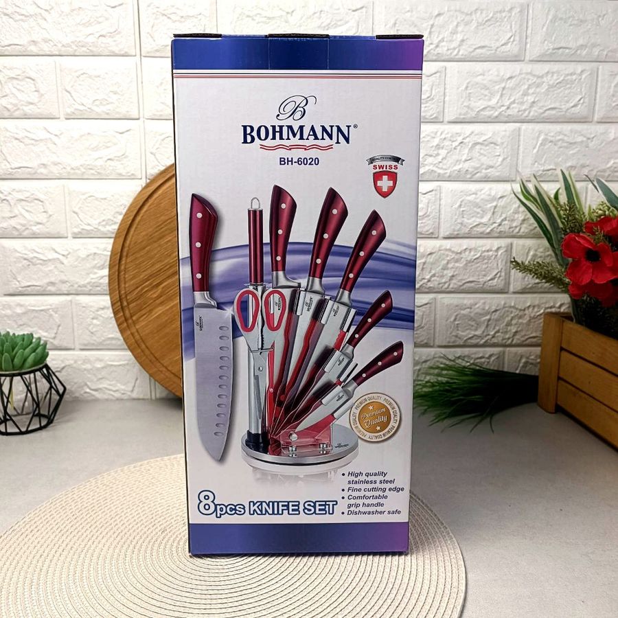 Набір червоних кухонних ножів з ножицями 8 предметів на підставці Bohmann Bohmann